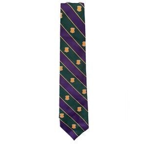 Polo by Ralph Lauren Tie 100% Silk Purple Yellow & Green Striped Crest Pattern